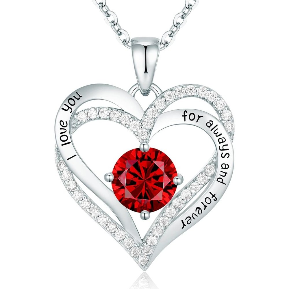 Forever Love Heart Pendant Birthstone Red & Silver Necklaces for Women